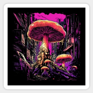 Mushrooms Invasion Over Neon Cyberpunk City Sticker